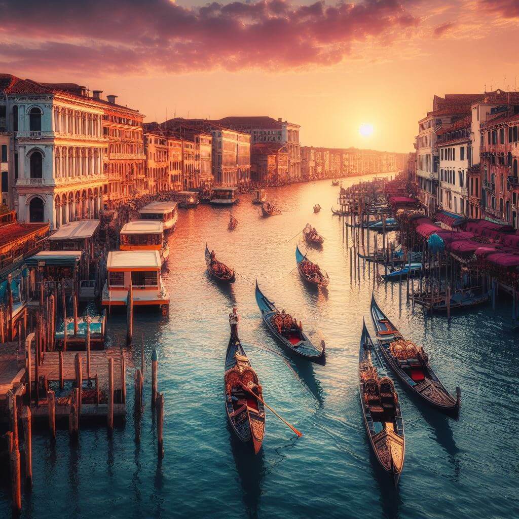 Canal Grande de Veneza com gôndolas e edifícios históricos ao pôr do sol, pontos turísticos da itália