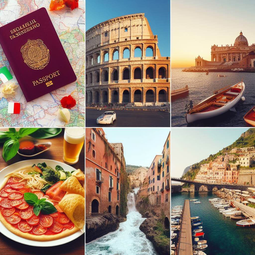 Colagem mostrando passaporte italiano, Coliseu, culinária italiana e costa de Amalfi, cidadania italiana