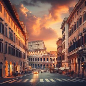  Ruas históricas de Roma com o Coliseu ao fundo ao pôr do sol