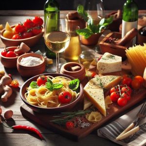 Mesa rústica com pratos de pasta italiana e vinho