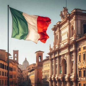Bandeira da Itália ondulando com edifício histórico italiano ao fundo