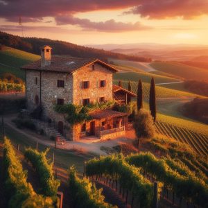 Paisagem do campo italiano com vinhedo e casa de pedra tradicional ao pôr do sol 